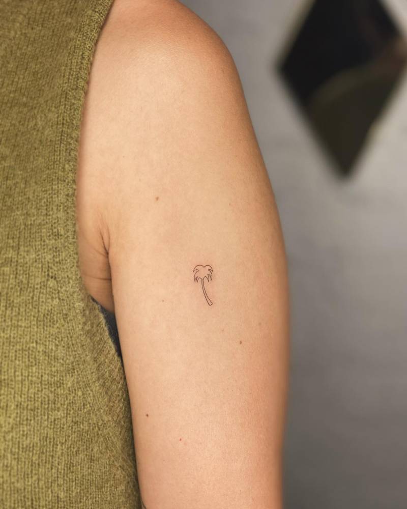 Fine line style palm tree tattoo located on the upper arm.