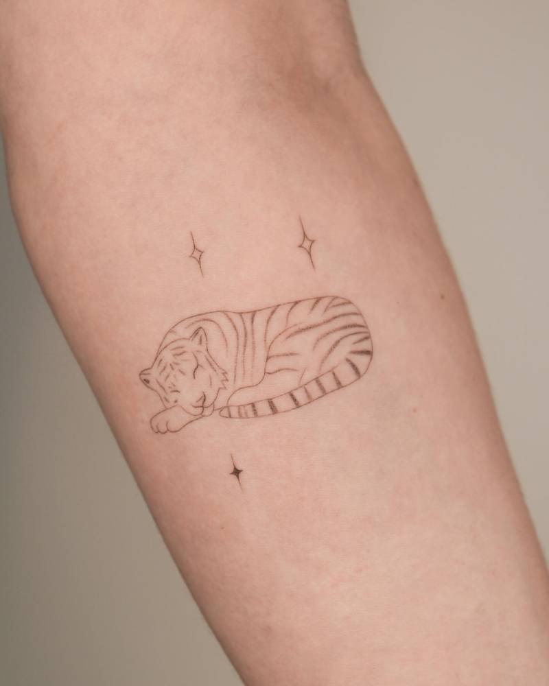 Fine line style tiger tattoo located on the inner forearm.