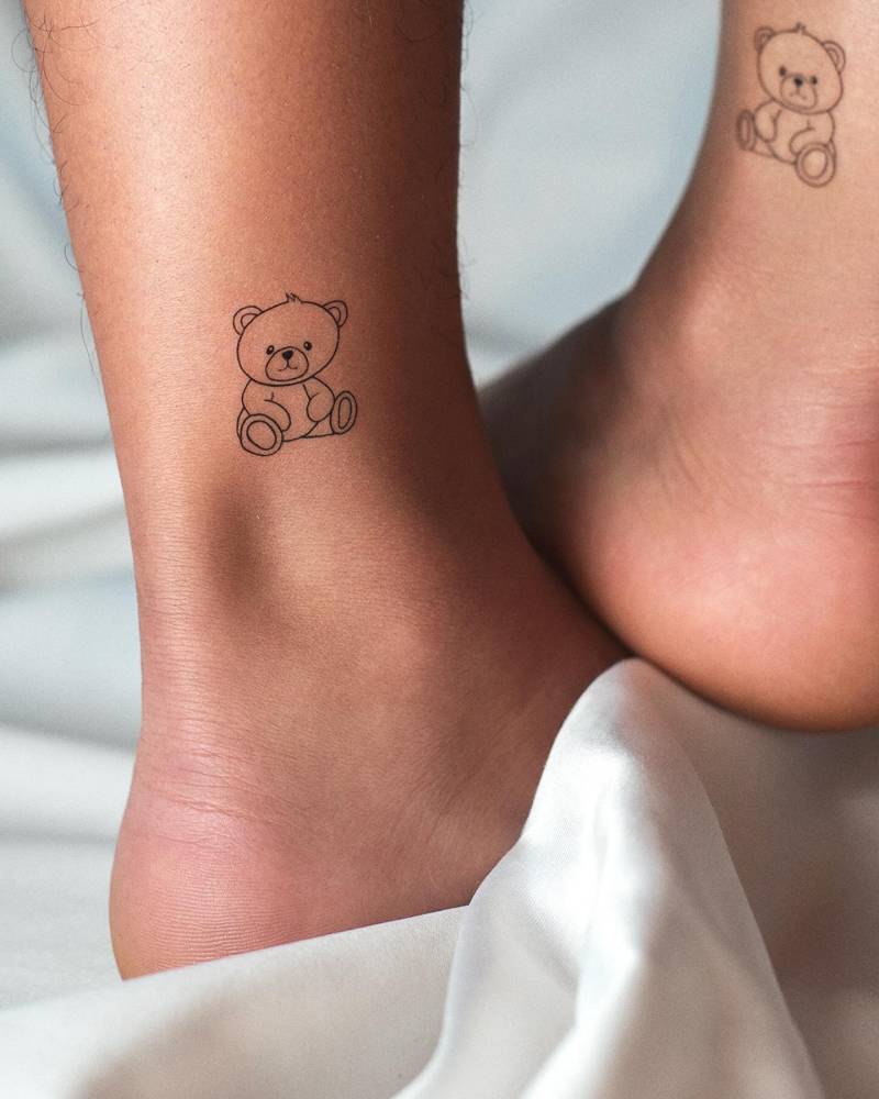 Matching fine line teddy bear tattoo for best friends.