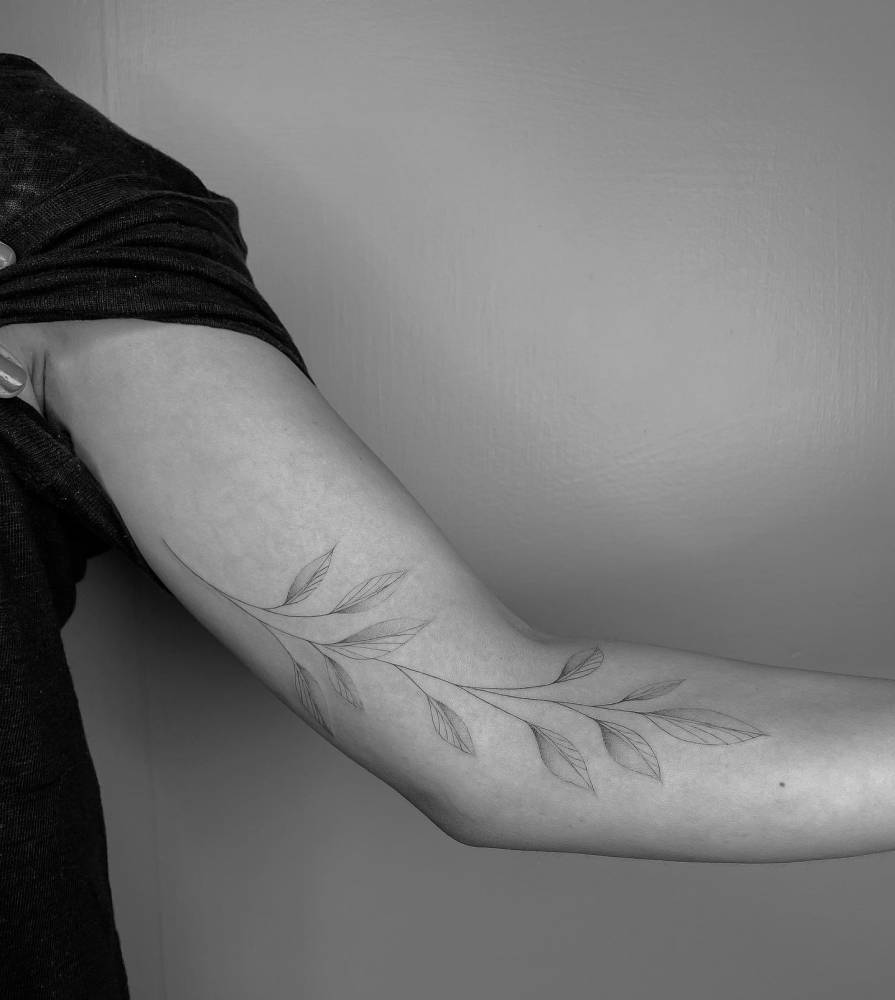 Fine line style leaves tattoo located on the arm.