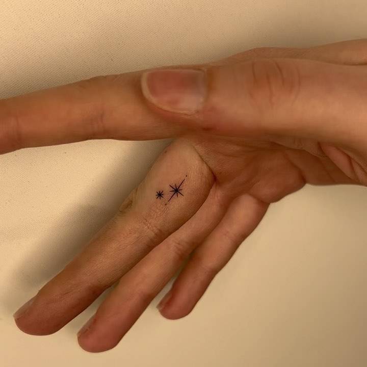 Second star to the right tattooed on the finger, minimalistic style.