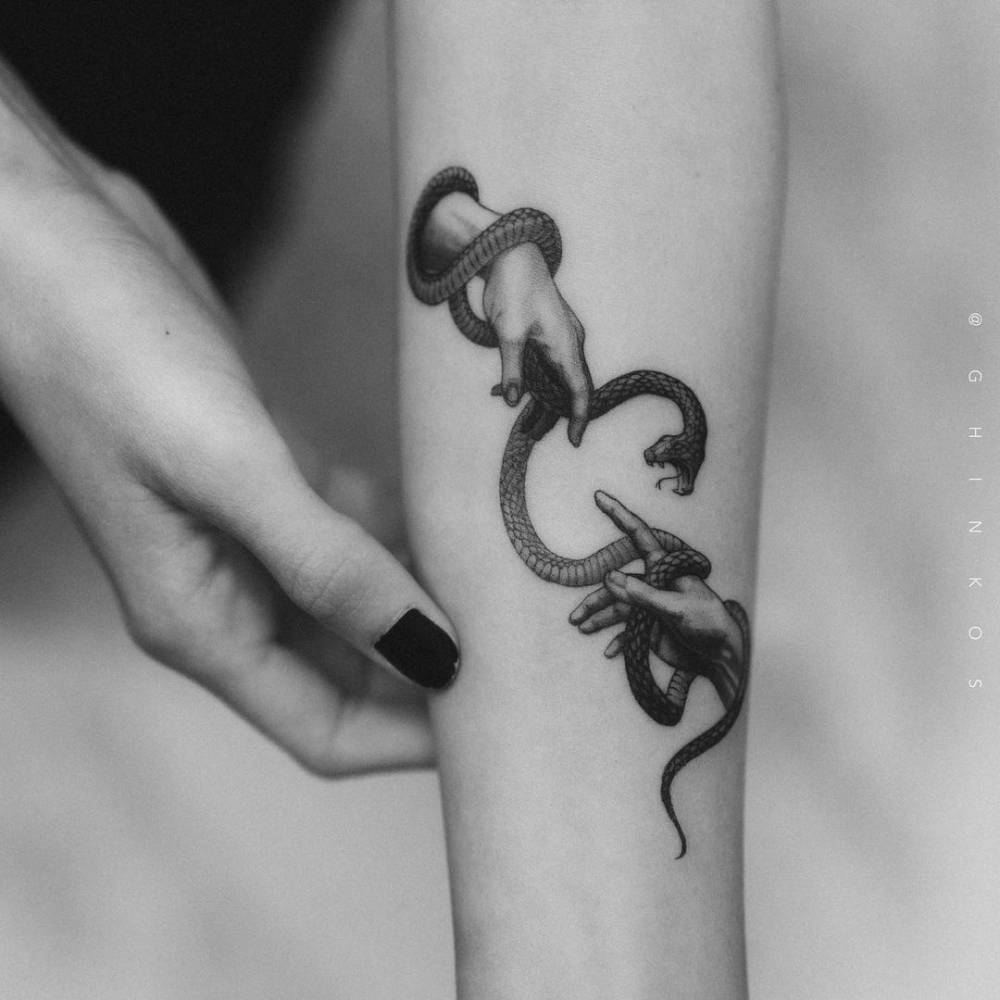 The constant internal struggle between The Good and The Evil. A tattoo that symbolizes her conquering of identity as she remembers her deeply religious childhood but celebrates her paving her own path.