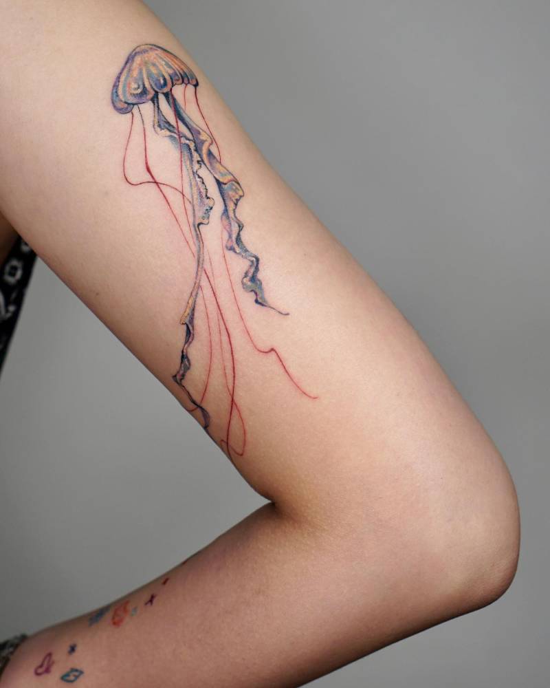 6 months healed jellyfish tattoo located on the upper arm.