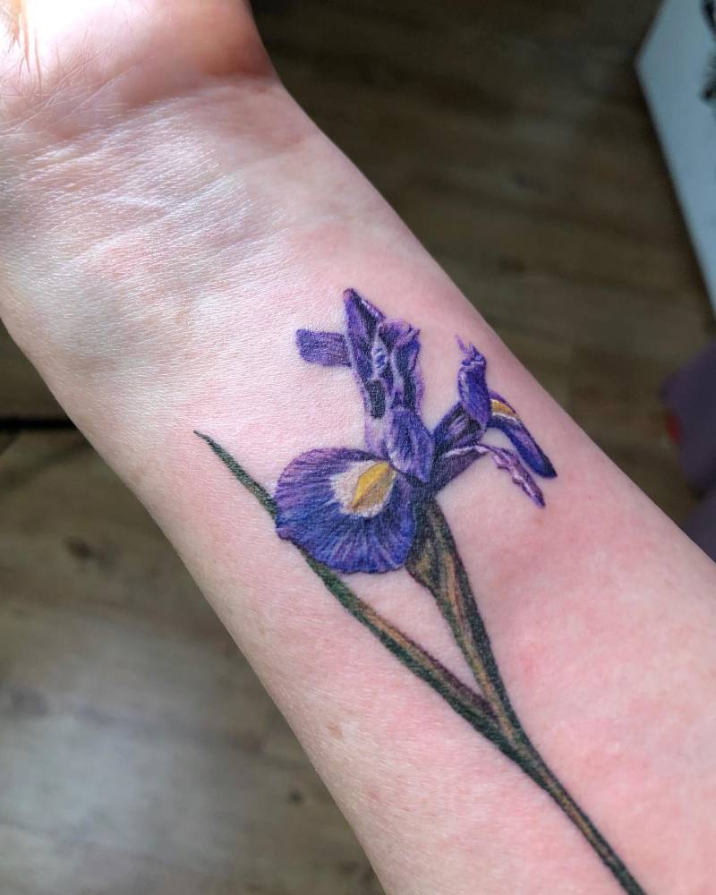 Iris flower in watercolor style tattooed on the inner forearm.