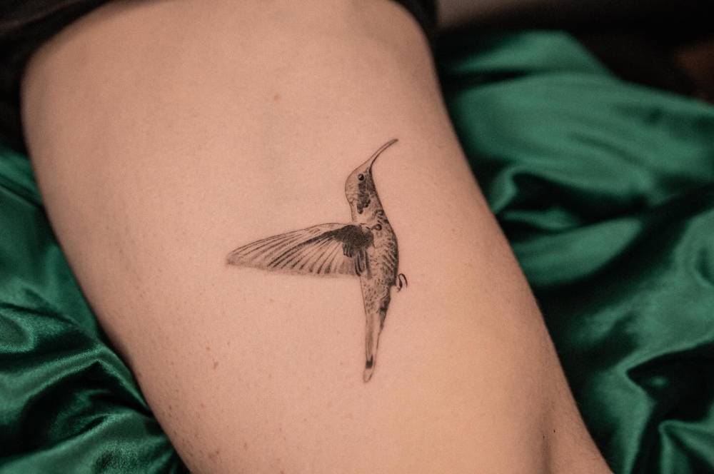 Micro-realistic style hummingbird tattoo done on the inner arm.