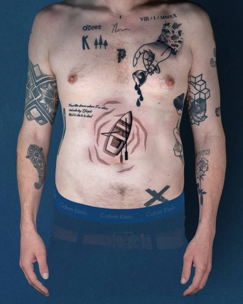 Dotwork style boat tattoo located on the stomach.