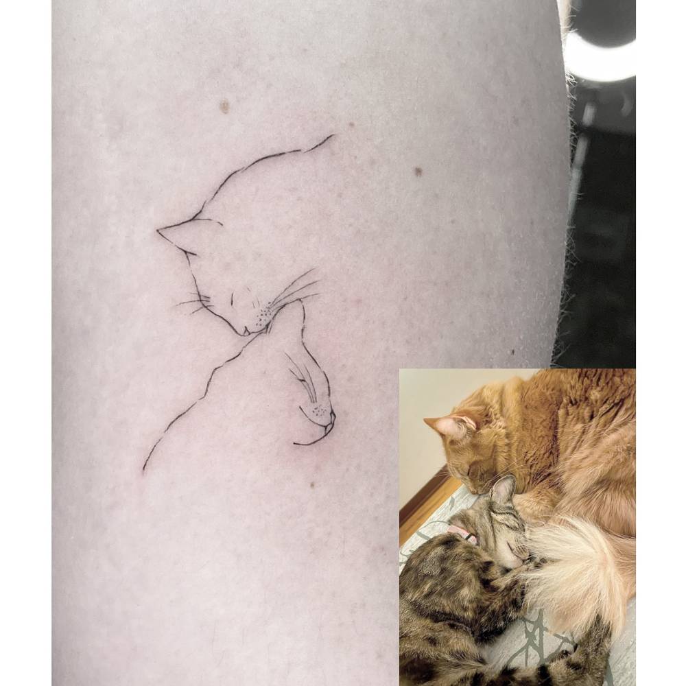 Fine line style cats tattoo located on the inner forearm.