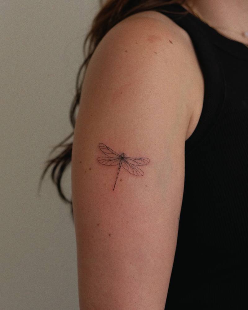 Little dragonfly tattoo in fine line style placed on the upper arm.