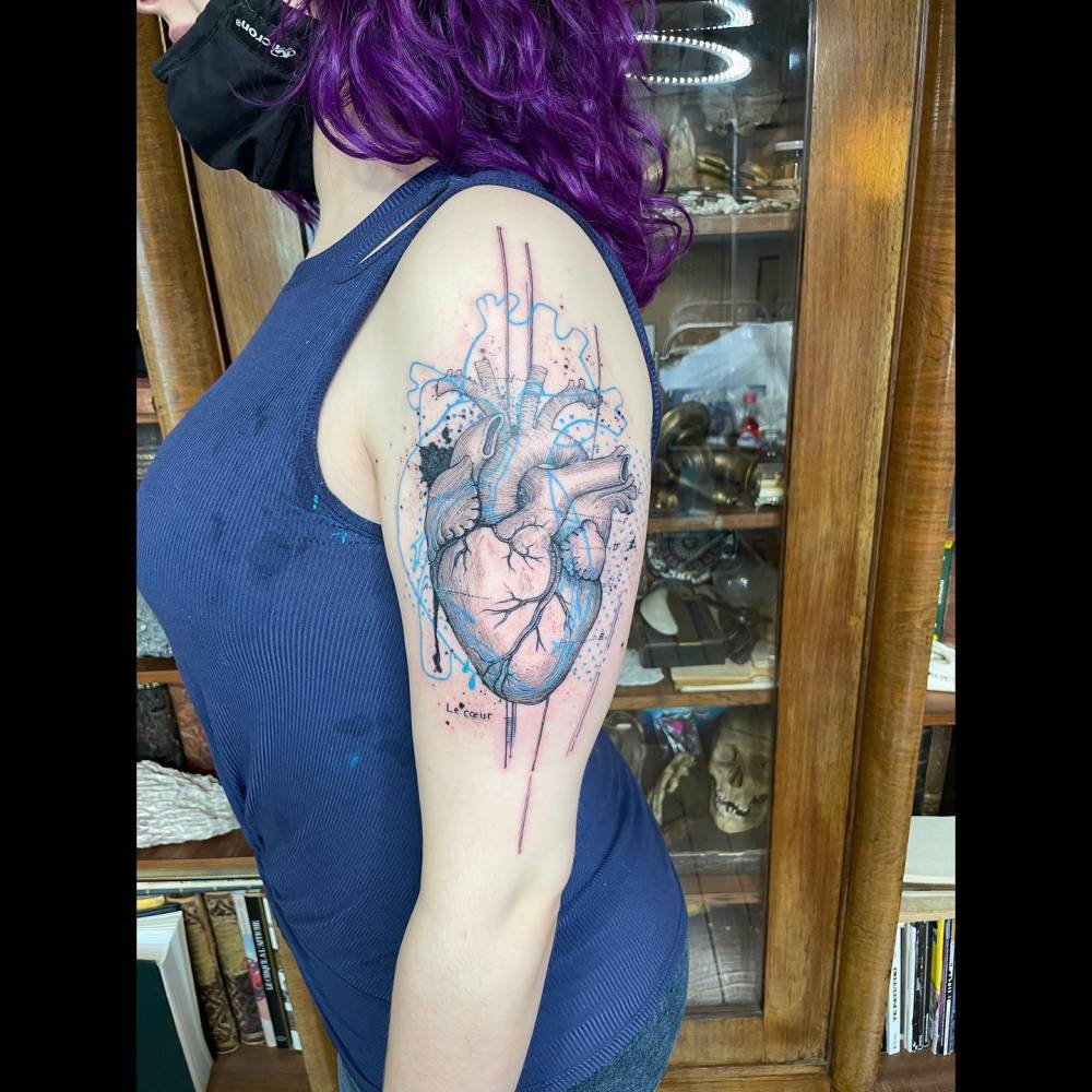 Anatomical heart tattoo located on the upper arm, done in graphic style.