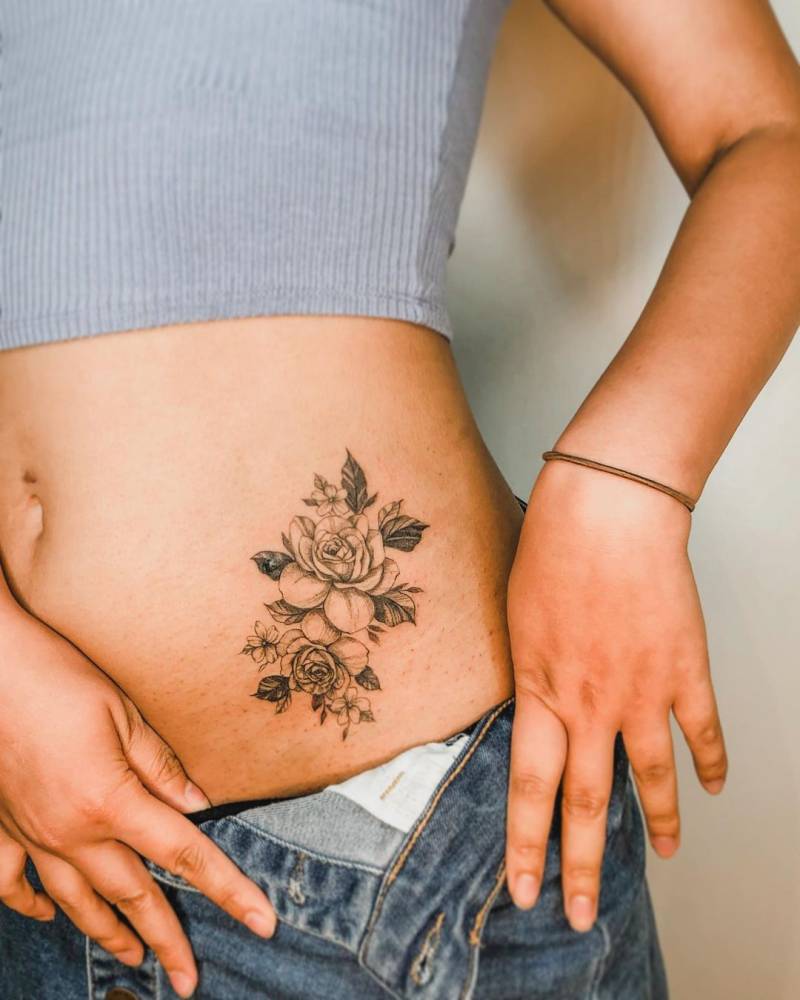 Fine line peonies tattoo on the hip.oforwomen