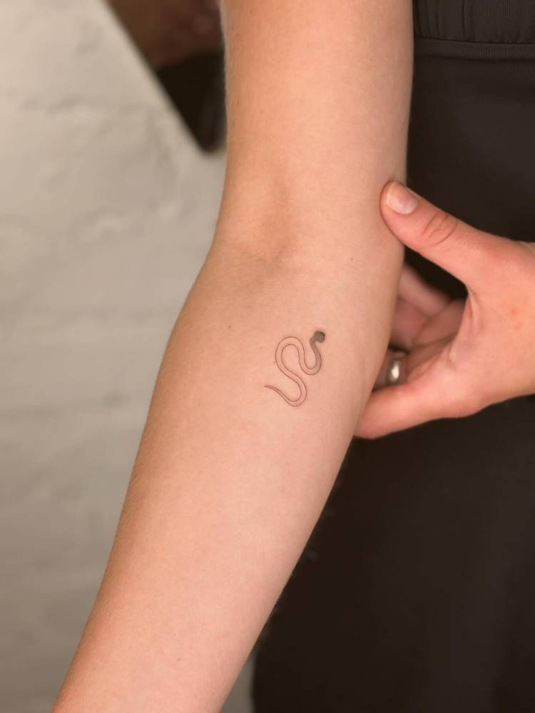 Snake tattoo in minimalistic style located on the inner forearm.