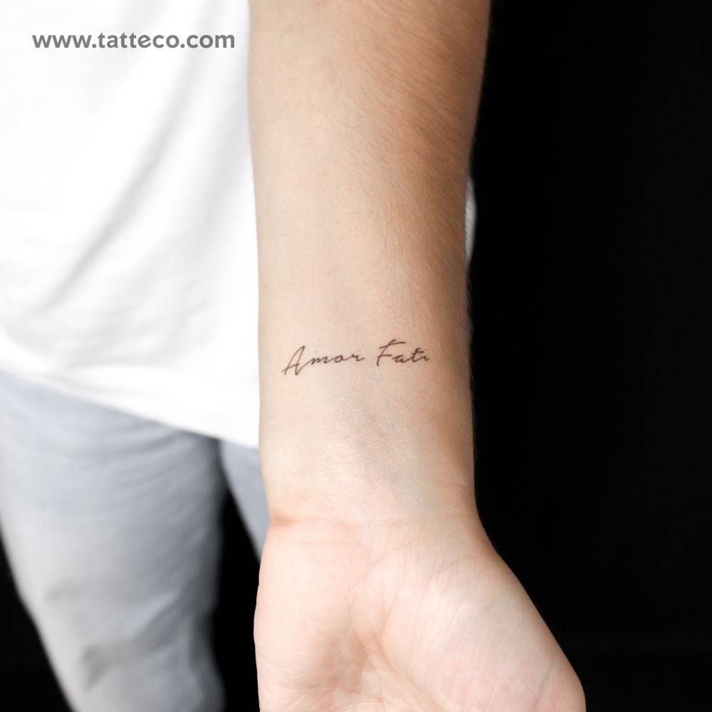 "Amor fati" 2-week temporary tattoo located on the wrist.