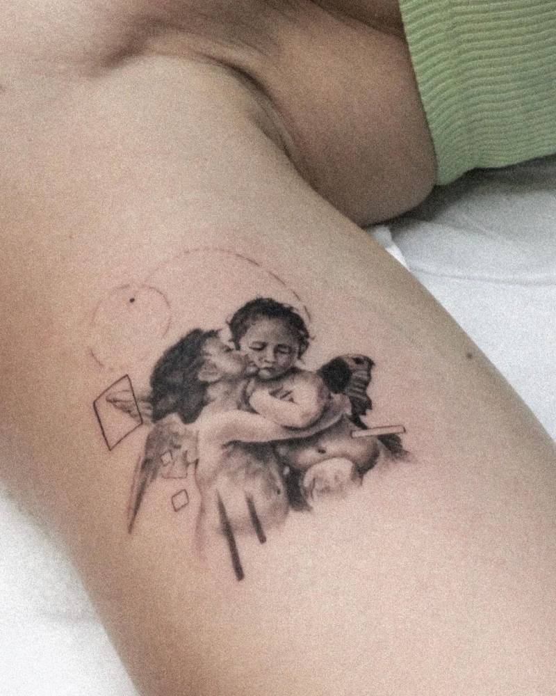 'L’Amour et Psyché , enfants' tattooed on the inner arm.