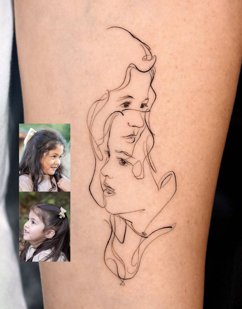 Children portrait tattoo in sketch work style located on the inner forearm.
