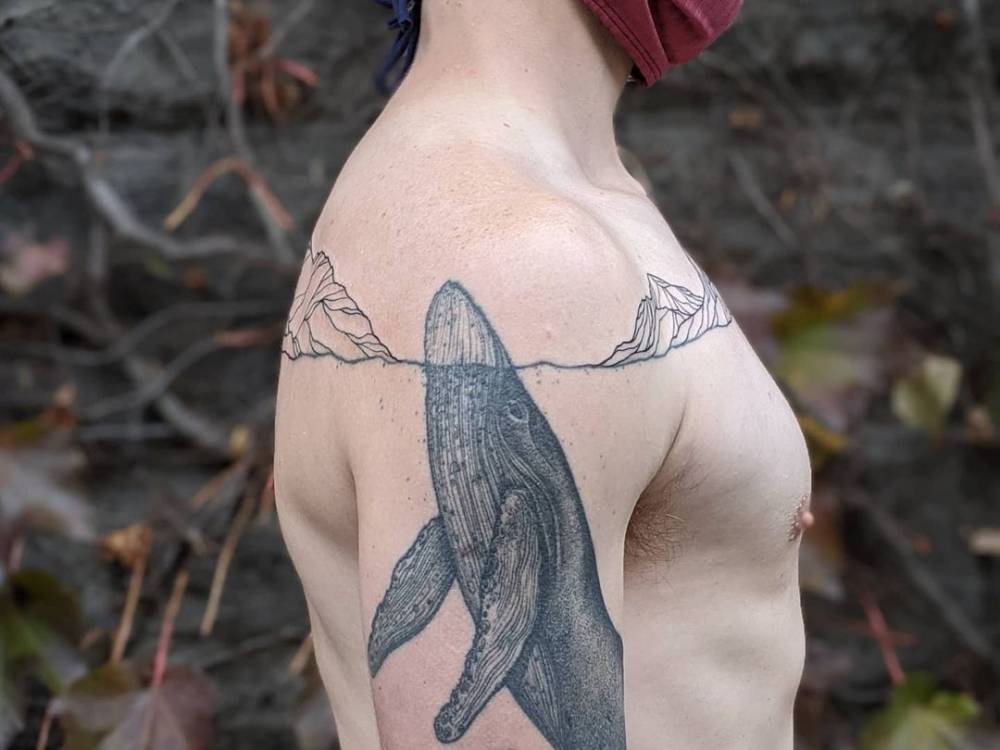 Freehand Antarctica's Mount William tattooed in line art