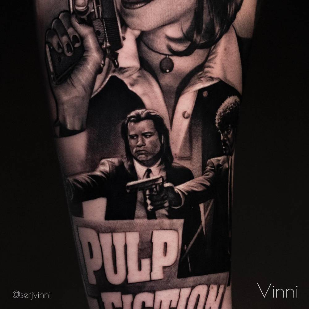 Pulp Fiction themed tattoo located on the inner forearm, black and grey style.