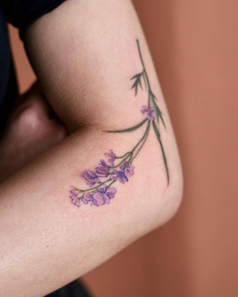 Lavender tattoo in watercolor style located on the elbow.