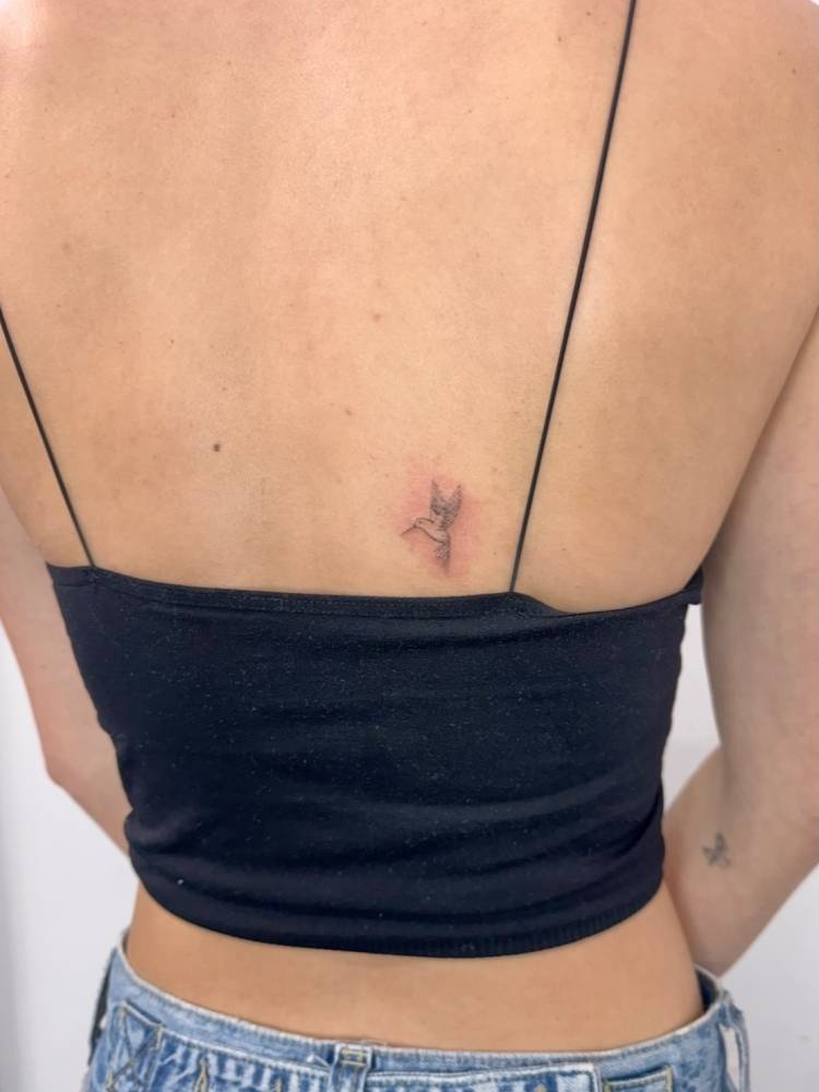 Single needle hummingbird tattoo located on the back.