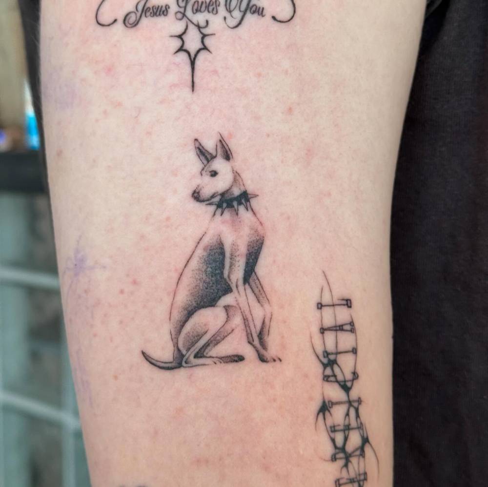 Illustrative style Doberman tattoo located on the upper arm.