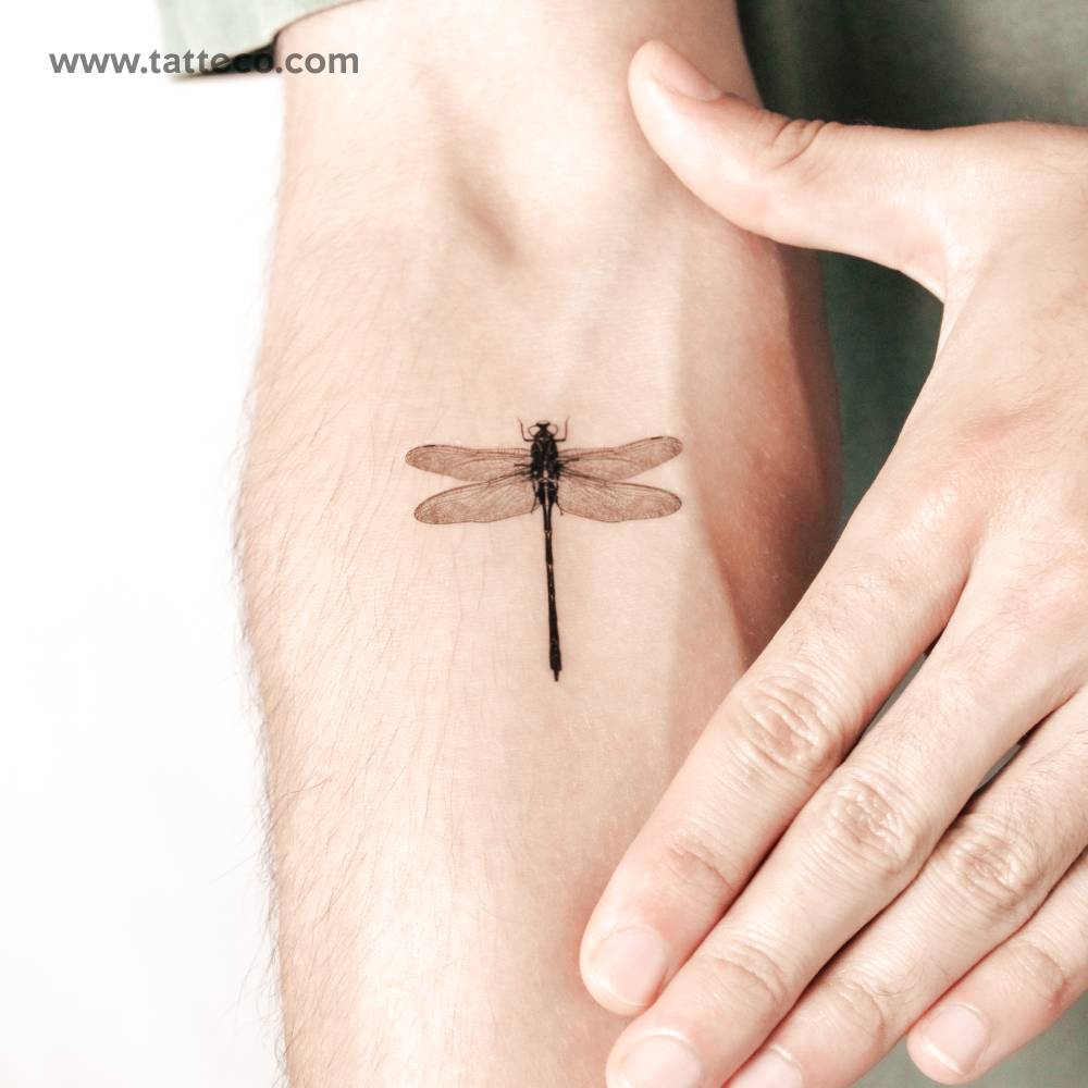 Dragonfly semi-permanent tattoo placed on the inner forearm.