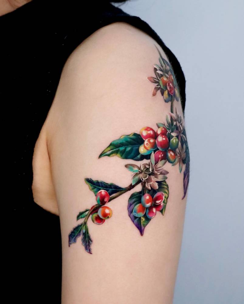 Coffea tattoo in realistic style placed on the upper arm.