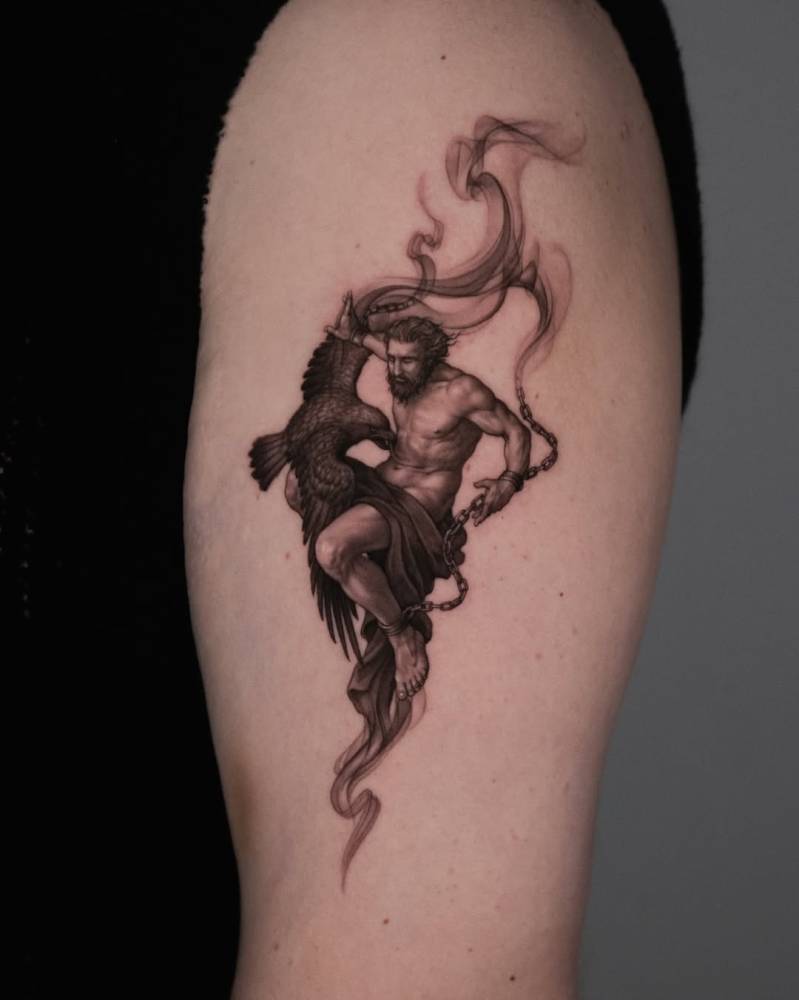 Prometheus tattoo in micro-realism located on the upper arm.