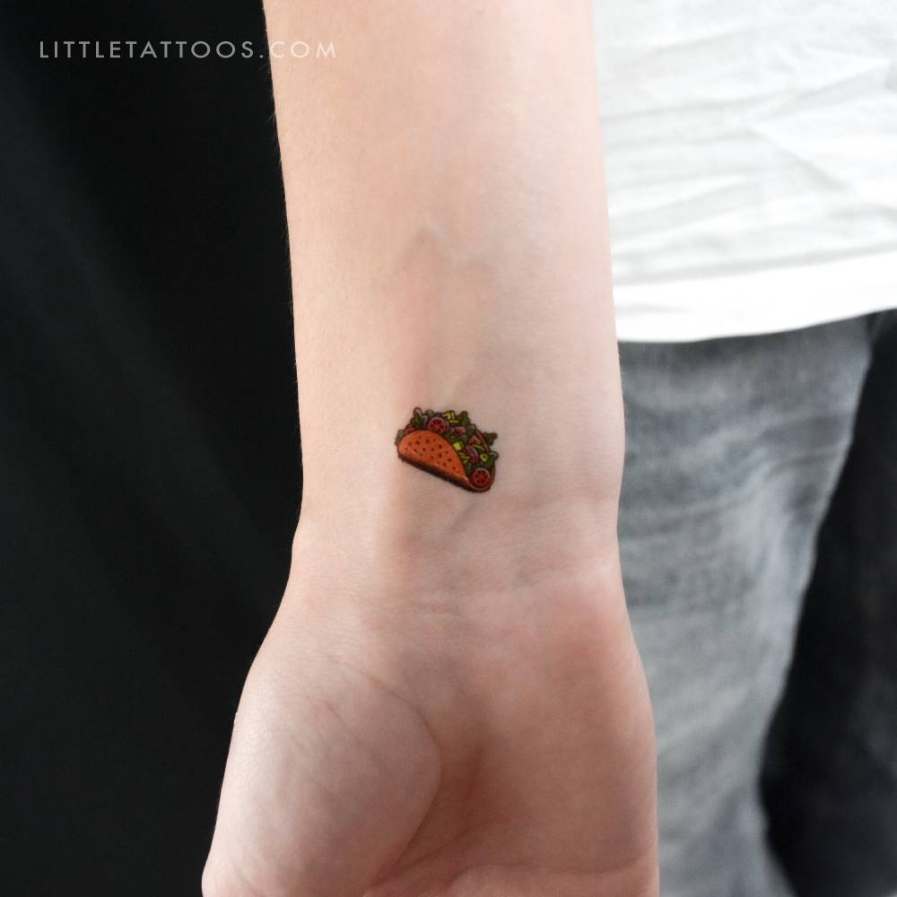 Little taco temporary tattoo located on the wrist.