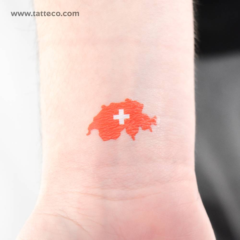 Switzerland flag map temporary tattoo located on the wrist.