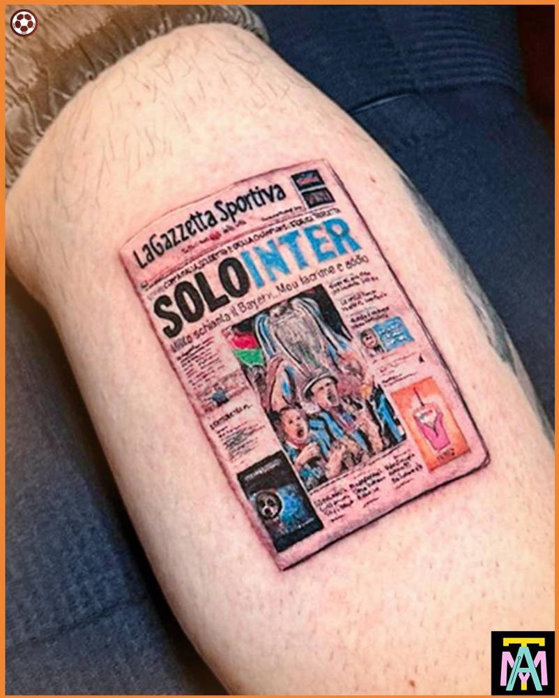 Newspaper with Inter Milan on the cover tattooed on the calf.