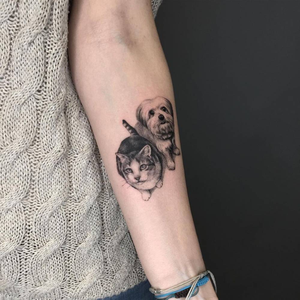 Micro-realistic cat and dog tattoo on the inner forearm.