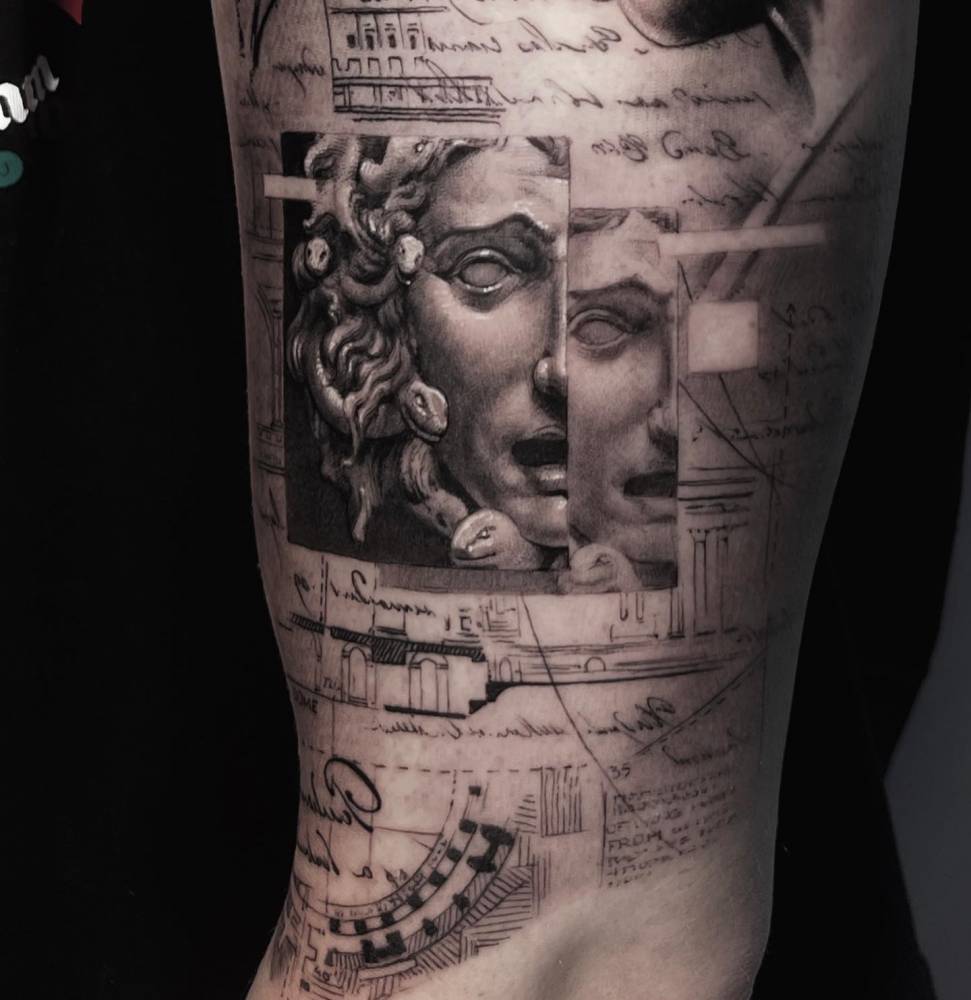 Medusa tattoo located on the upper arm, black and grey style.