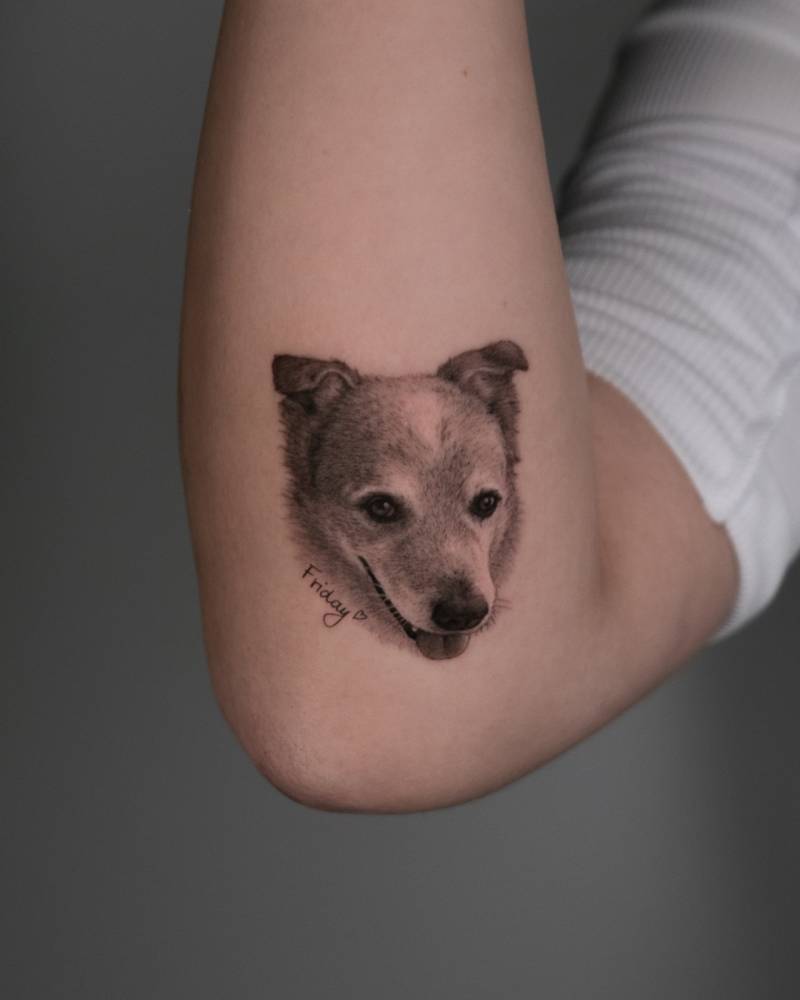 Dog portrait tattoo located on the forearm, micro-realistic style.