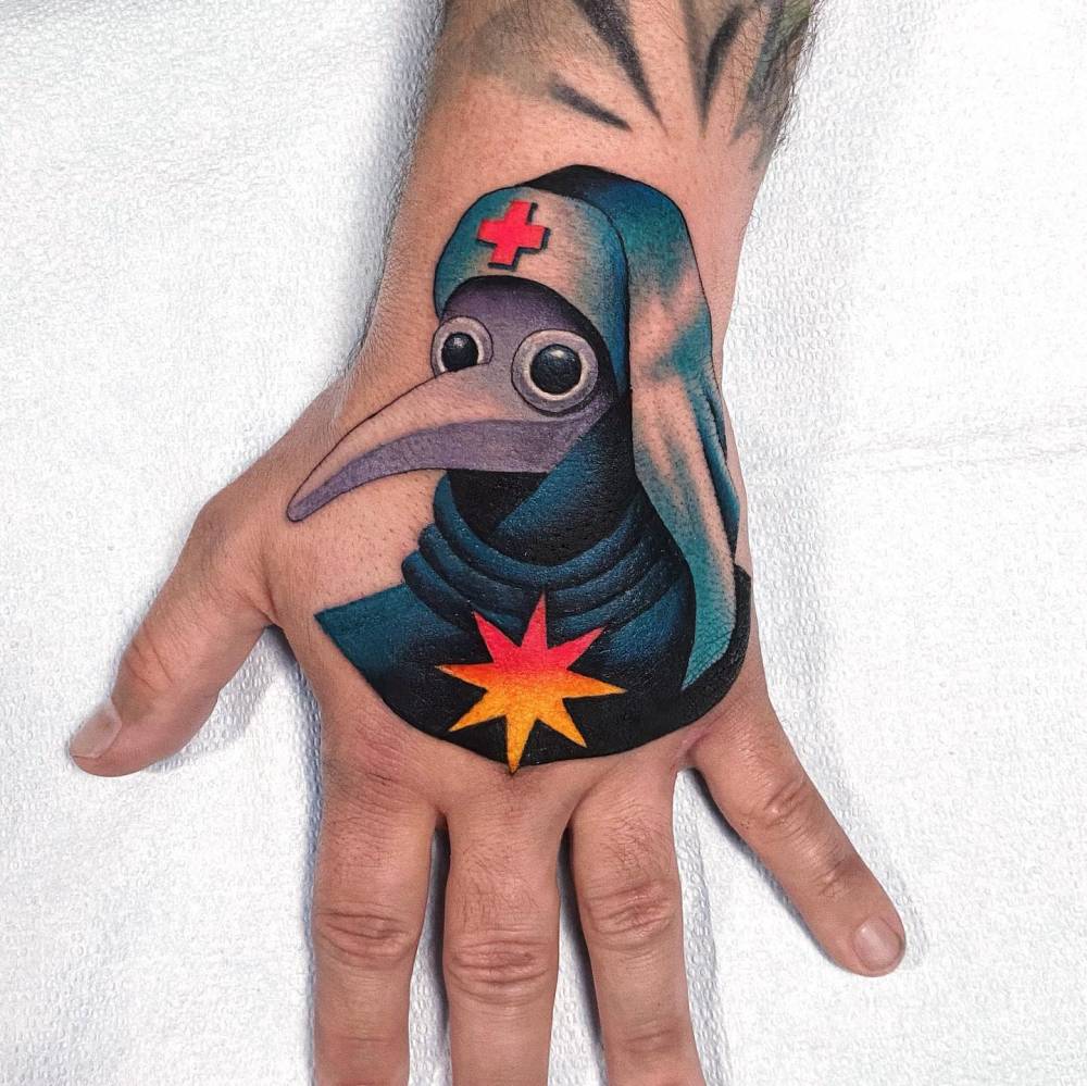 Pop art style plague doctor tattoo located on the hand.