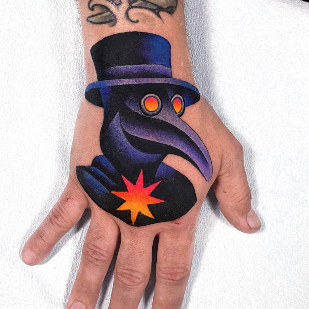 Pop art style plague doctor tattoo located on the hand.