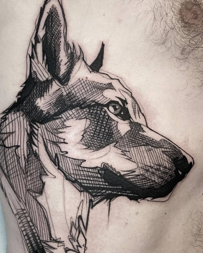 German Shepherd portrait tattoo done on the rib.