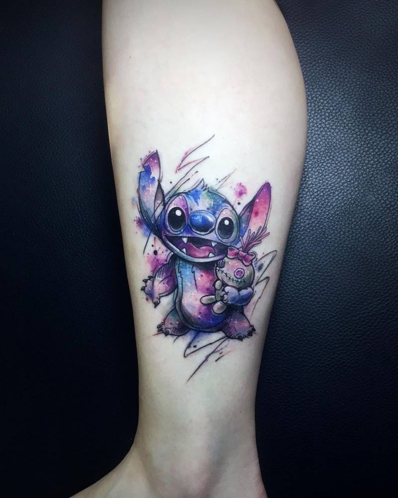Sketch style Stitch tattoo located on the shin.
