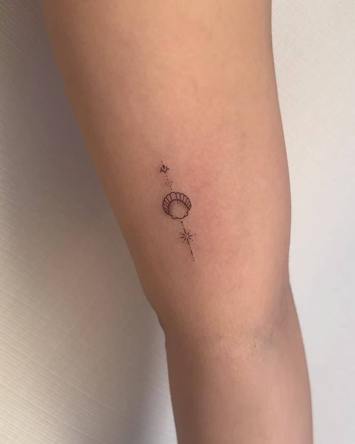 Ornamental scallop shell tattoo located on the inner arm.