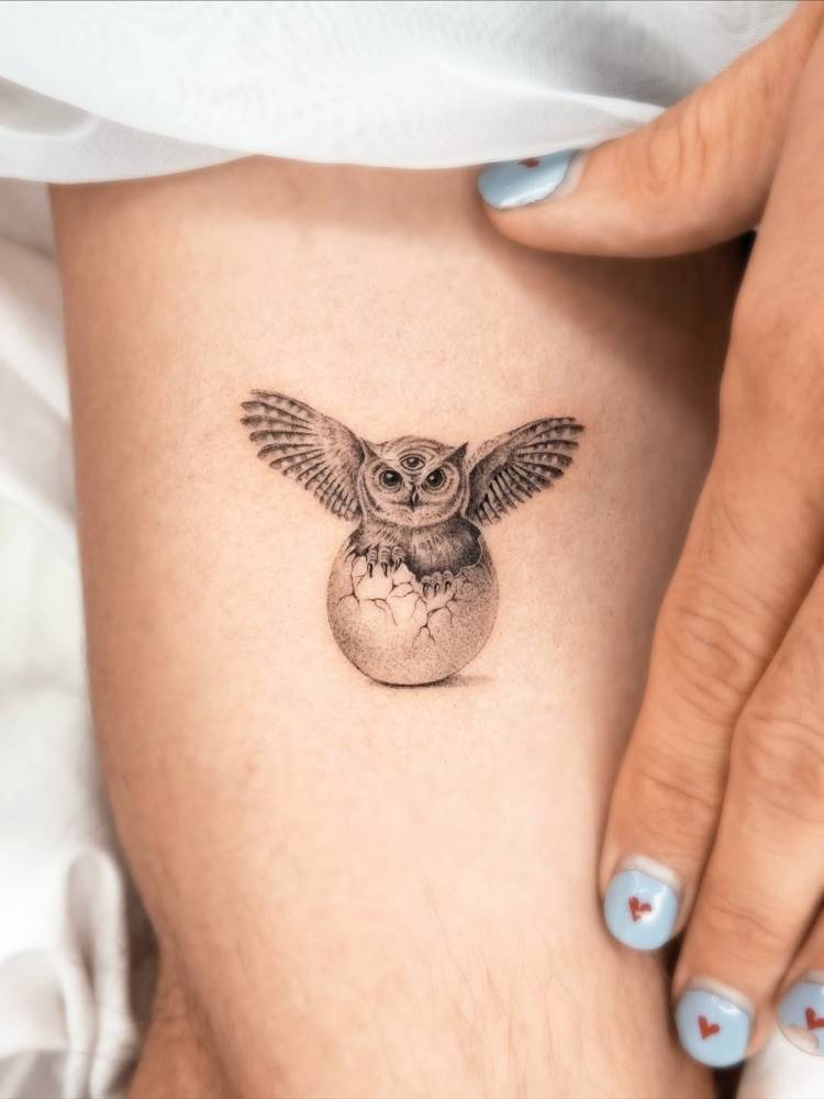 Micro-realistic style hatching owl tattoo located on Julián Cerati's inner arm.