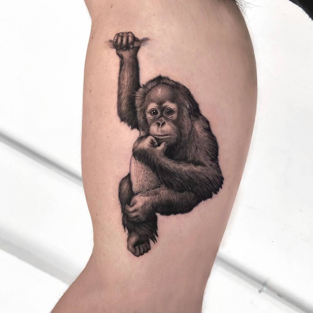 Orangutan tattoo located on the inner arm, micro-realistic style.