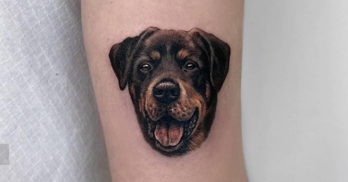 Rottweiler portrait tattoo in micro-realistic style