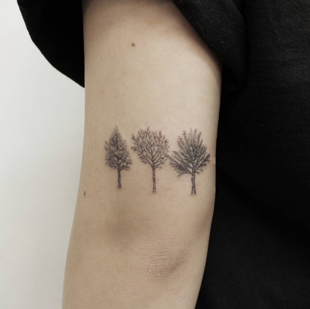 Micro-realistic trees tattoo located on the tricep.