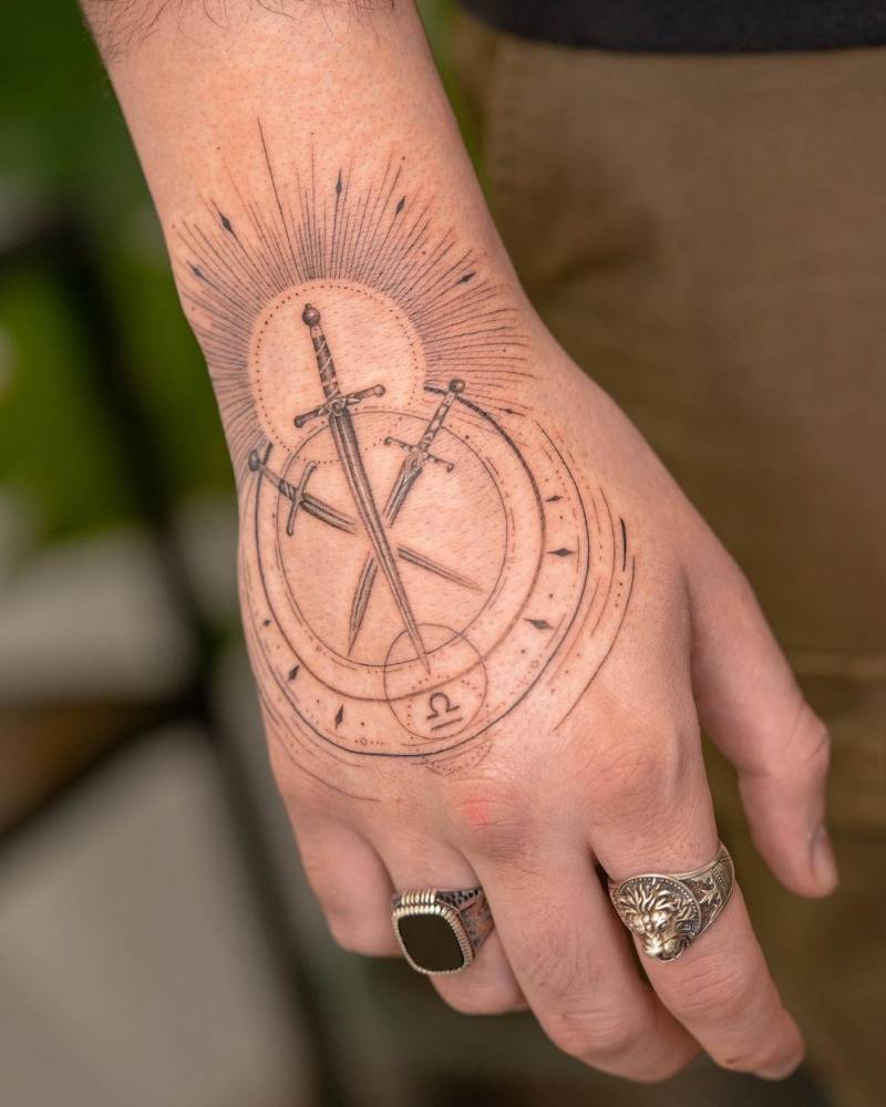 Single needle swords tattoo on the hand ⚔️