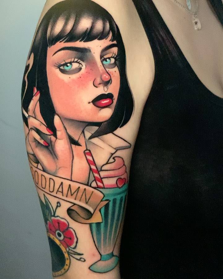 Neotraditional tattoo version of Mia Wallace