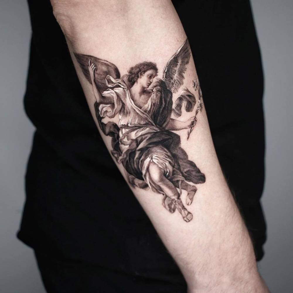 The Annunciation" of Luca Giordaino tattoo on the forearm
