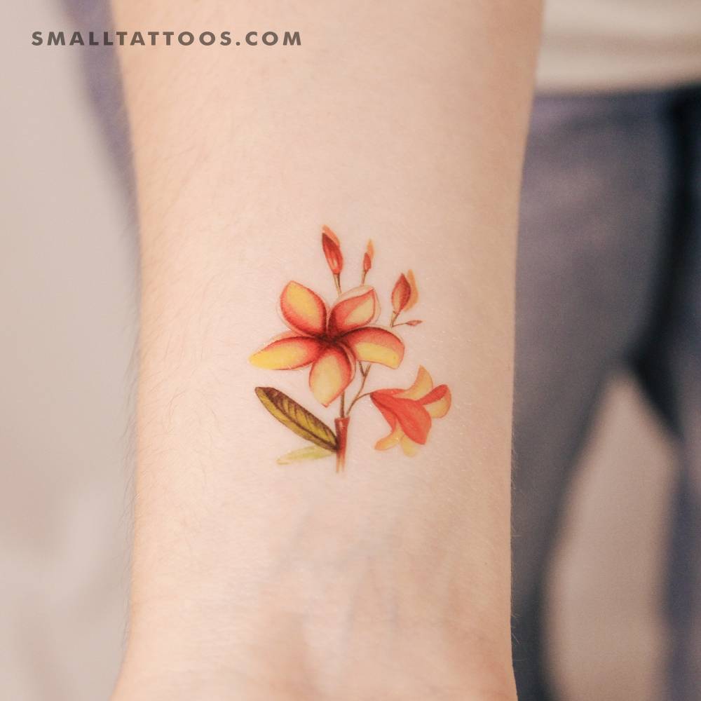 Watercolor style plumeria temporary tattoo by Lena Fedchenko.