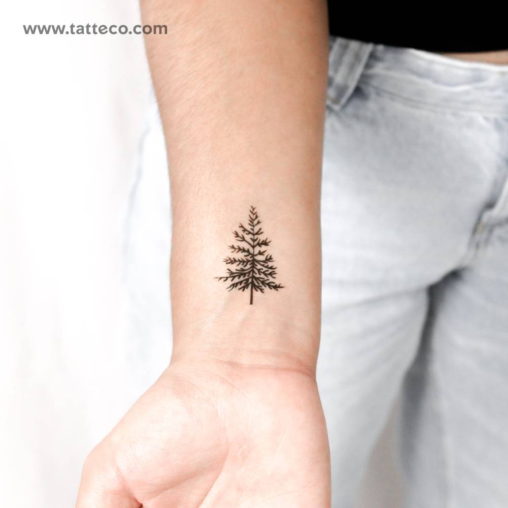Pine tree temporary tattoo located on the wrist.