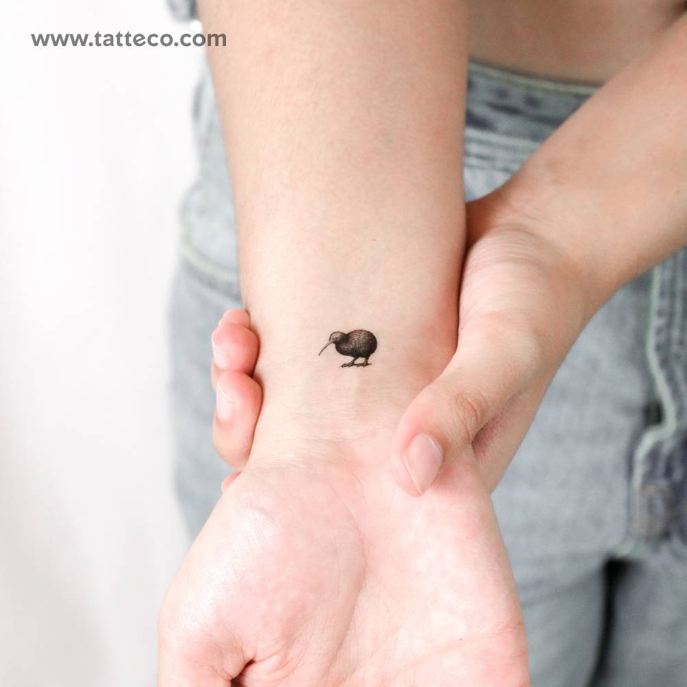 Kiwi bird temporary tattoo located on the wrist.