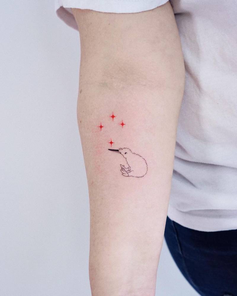 Kiwi bird tattoo located on the inner forearm, minimalistic style.