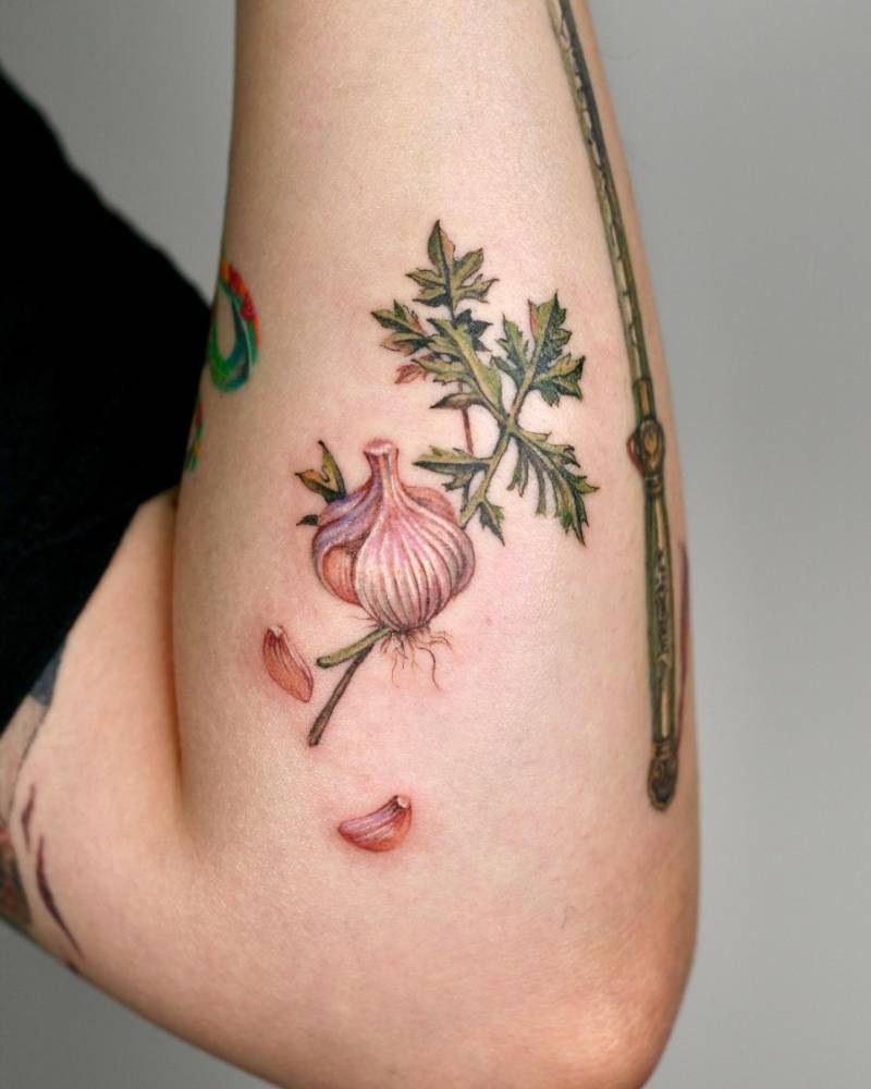 Garlic tattoo in watercolor style located on the inner forearm.