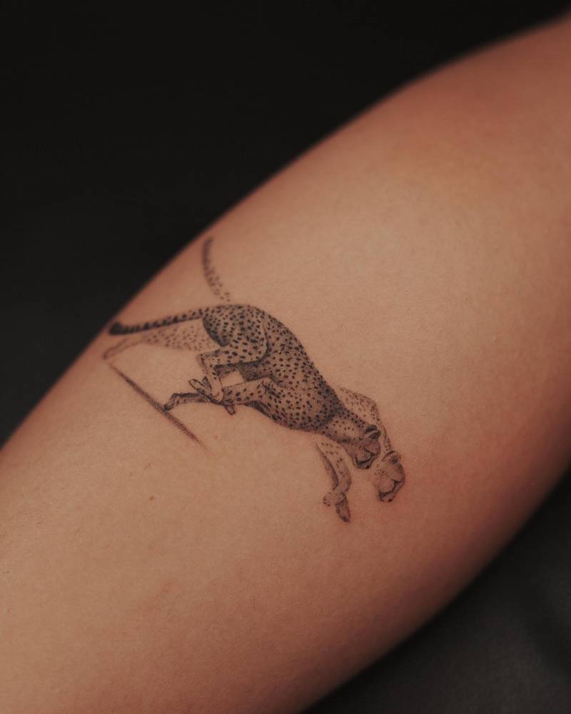 Micro-realistic style cheetah tattoo done on the calf.